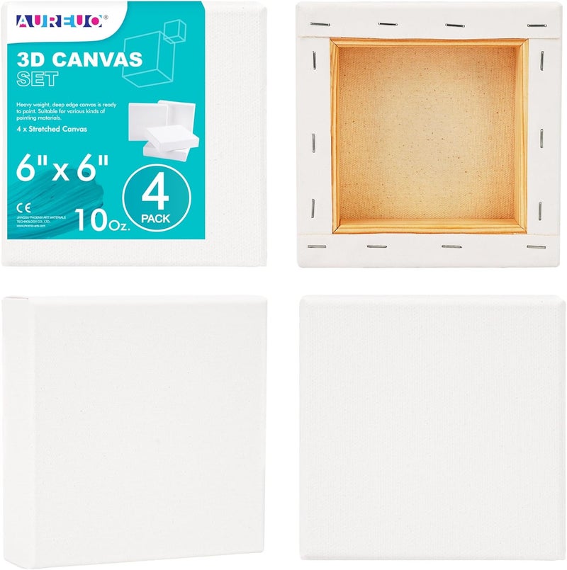 AUREUO 6x6 Inch Gallery Wrapped Canvas - 1.5 Inch Depth 4 Pack - 10 Oz Triple Gesso Primed 100% Cotton Square White Artist Canvases for Acrylic & Oil Paints - Image 1